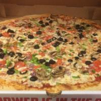 The Works Pizza · Mushrooms, green peppers, onions, pepperoni, and Italian sausage.