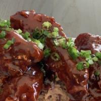 Sticky Fried Ribs · Sweet-spicy BBQ sauce and  baked beans