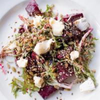Roasted Beets · chicory, mustard vinaigrette, seeds, green hill cheese, gluten friendly