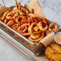 Crispy Calamari · Fresh calamari, sweet & spicy peppers, cajun remoulade