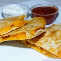 Quesadilla Cheese And Chicken · Flour tortilla, grilled chicken, Monterey cheese, salsa, and potato chips.