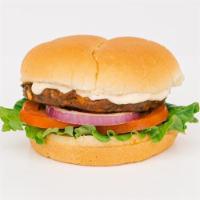 Chipotle Blackbean Burger · Spicy blackbean burger, leaf lettuce, tomato, onion, chipotle aioli