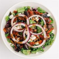 Mediterranean Salad · Organic field greens and green leaf lettuce, feta cheese, sun-dried tomato, onion, kalamata ...