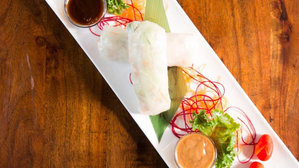 Steamed Basil Spring Roll (2) · Steamed shrimp, lettuce, carrot, cucumber, rice noodle, basil and bean sprout, served with special plum sauce and peanut sauce, can be served with vegetables only.