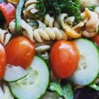 Soulie Salad · Kale, spring mix, tri-colored pasta, artichoke, tomatoes, green pepper, cucumber.

Served wi...