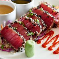 Ahi Tuna Sashimi · sesame seared, with wasabi, soy, sesame ginger sauce.                                       ...