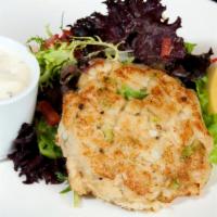 Maryland-Style Crab Cake · lump crab meat, French fries, coleslaw, tartar sauce.