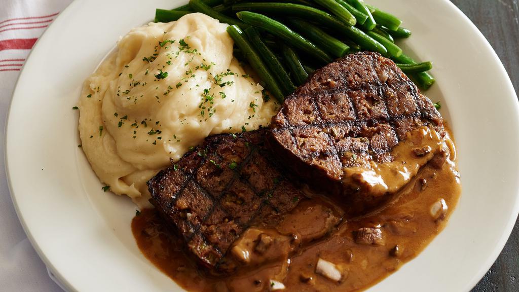 Lunch Grilled Meatloaf · Certified Angus Beef®  , mushroom Madeira sauce, mashed potatoes, fresh green beans