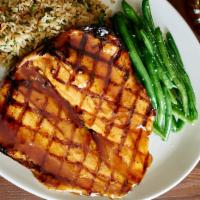 Fresh Idaho Rainbow Trout · grilled with sweet soy and Teriyaki-glaze, green beans, rice pilaf