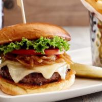 Gastropub Burger · Caramelized onions, gruyere cheese, bibb lettuce, tomato, mayonnaise