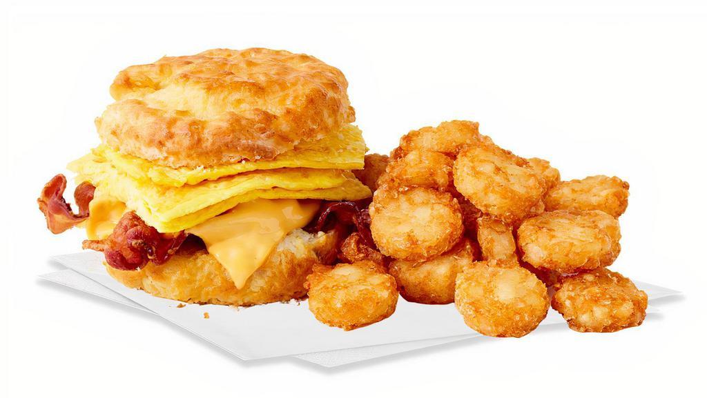 Bacon, Egg & Cheese Biscuit Combo · Bacon, egg, and cheese on a Jack's made-from-scratch buttermilk biscuit with hash browns and a regular drink.
