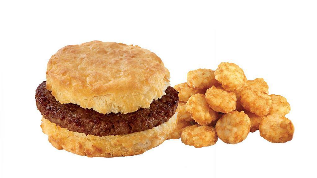 Sausage Biscuit Combo · A juicy sausage patty on a Jack's made-from-scratch buttermilk biscuit with hash browns and  a regular drink.