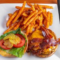 Double Bacon Cheese Burger · Hard-pressed angus beef burger grilled to perfection and topped with lettuce, tomato, onion ...