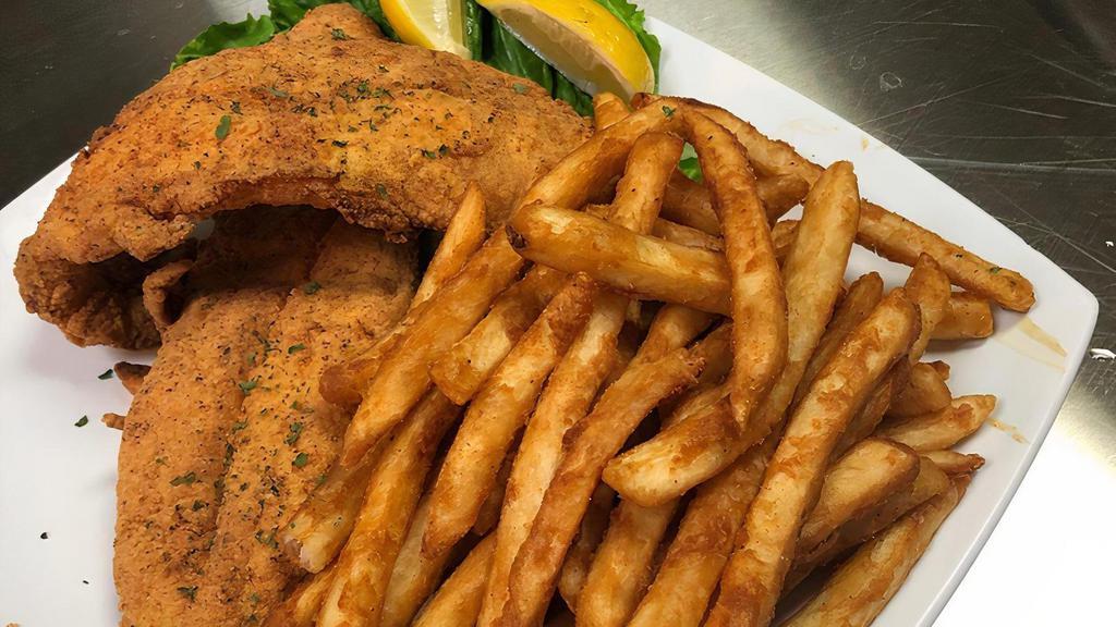 Catfish Dinner · Catfish fillets fried to golden perfection, served with your choice of fresh fries, sweet potato fries or onion rings. Add cheese, bacon and fried eggs for an additional charge.