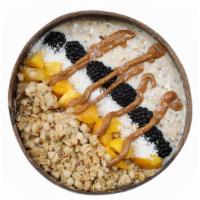Hot Oatmeal Bowl · Gluten Free Oats, Almond Milk, Chia Seeds, Cinnamon, Himalayan Pink Salt and Maple.. Topped ...