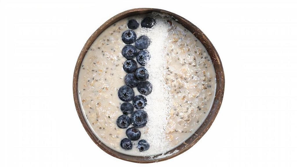 Overnight Gf Oats · Overnight Oats, Chia Seeds and Almond Milk. Maple, Vanilla Essence and Isolated Vanilla Whey Protein. Topped with: Coconut flakes and Blueberries or Goji Berries . This product can't be made vegan.