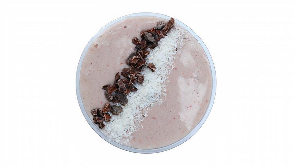 Berry Xtreme · Almond Milk, Peanut Butter, Whey Vanilla Protein, Strawberry, Banana and Raw Honey. Toppings: Coconut Flakes and Cacao Nibs