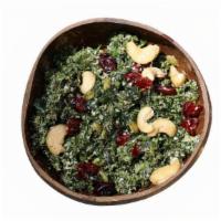 Kale Curry Salad · Chopped Kale Tossed with Walnut Meat, Vegan Cheese, Cranberries, Pumpkin Seeds, Sesame Seeds...