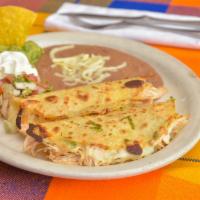 Quesadilla Mexicana · Pan seared corn tortilla with shredded chicken, onions, cilantro, mozzarella & jack cheese, ...