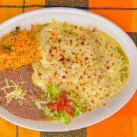 Enchiladas Verdes · Three Corn tortillas with chicken in Ranchero Sauce. Topped  w/tomatillo sauce, melted jack ...