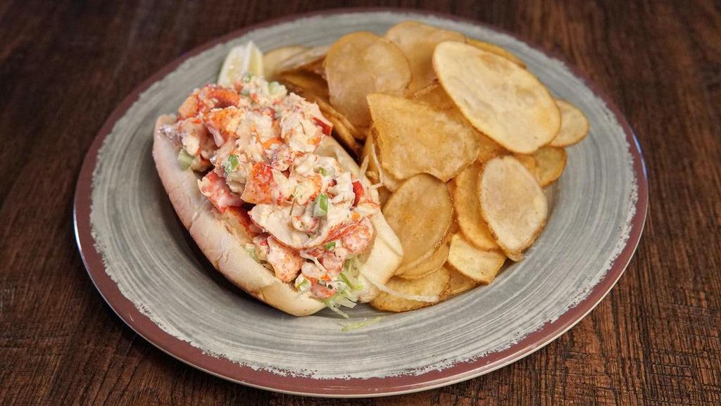 Lobster Roll · Nova Scotia cold water lobster, mayonnaise, celery & fresh lemon, served over a bed of shredded lettuce on a toasted bun, choice of one side