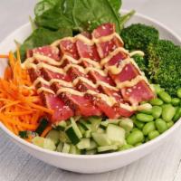 *Asian Power Bowl W/Seared Ahi   · Fresh Spinach, Broccoli, Carrot, Cucumber, Edamame, Sushi Rice, Topped with Spicy Aioli & As...