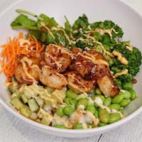 Asian Power Bowl W/Grilled Shrimp  · Fresh Spinach, Broccoli, Carrot, Cucumber, Edamame, Sushi Rice, Topped with Spicy Aioli & As...