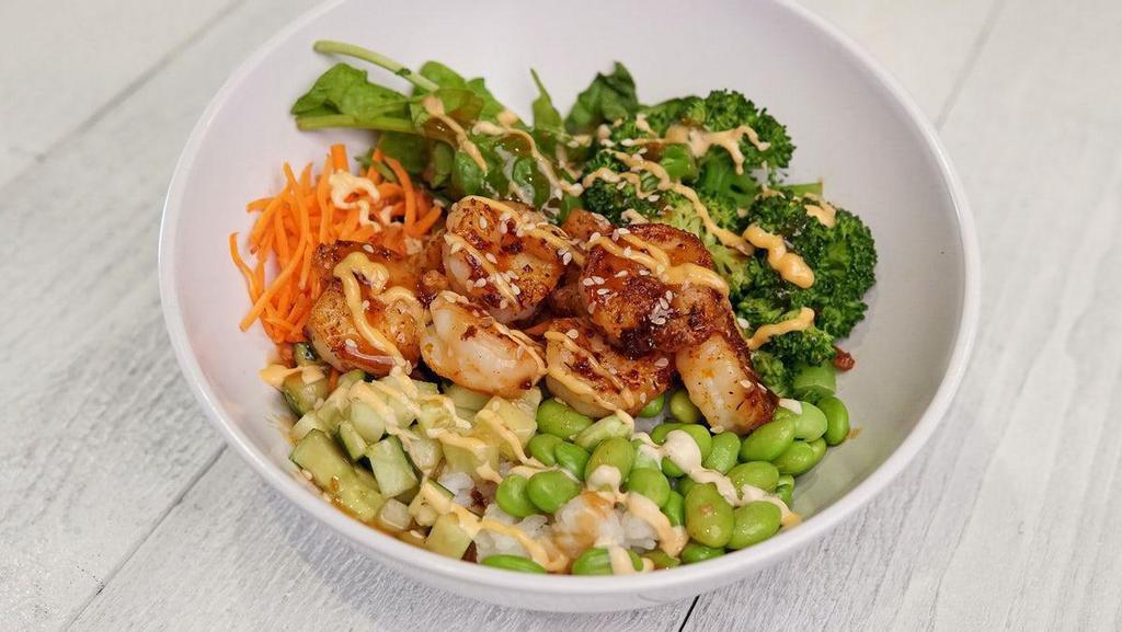 Asian Power Bowl W/Grilled Shrimp  · Fresh Spinach, Broccoli, Carrot, Cucumber, Edamame, Sushi Rice, Topped with Spicy Aioli & Asian Sesame Dressing.
