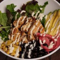 Santa Fe Power Bowl W/Chicken · spring mix, black beans, roasted corn, avocado, rice & pickled onion, topped with blackened ...