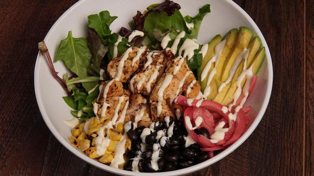 Santa Fe Power Bowl W/Chicken · spring mix, black beans, roasted corn, avocado, rice & pickled onion, topped with blackened chicken