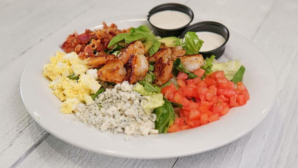 Cobb Salad W/Grilled Shrimp  · Southern Fried Chicken on top of Romaine & Iceberg Mix, Avocado, Tomato, Chopped Bacon, Egg & Blue Cheese Crumbles, Served with your choice of Dressing.