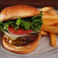 *Tavern Cheeseburger · Fresh Ground Beef, Jack & Cheddar, Lettuce, Tomatoes, Onions, Pickles