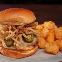 *Diablo Burger · Fresh Ground Beef, Spicy Mayo, Pickled Jalapenos, Pepper Jack Cheese & Fried Onion String