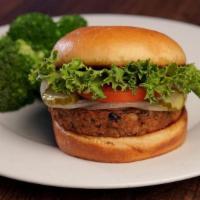 Veggie Burger · A Patty of Three Grains, Brown Rice, Quinoa, Bulgar, Roasted Corn, Black Beans & Roasted Red...