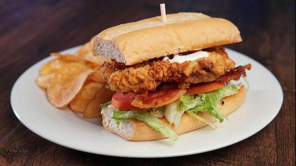 Southern Fried Chicken Blt Sandwich · Hand Breaded Fried Chicken Breast, Lettuce, Tomato, Applewood Smoked Bacon, Buttermilk Ranch Dressing. Served on a Hoagie Roll