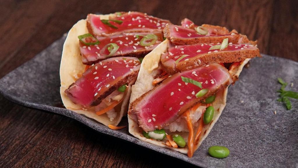 *Ahi Tuna Tacos  · Cajun seared ahi tuna, spring mix, fresh carrot,. edamame, spicy sriracha aioli. & Asian dressing