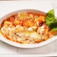 Vegan Sorrentina Gnocchi · Vegan gnocchi (Potato balls)  with tomato sauce, and vegan mozzarella cheese melted on top.
...