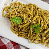 Vegan Linguine Al Pesto · Linguine pasta with pesto sauce (Minced garlic, cashews, walnuts,  basil, all blended with o...