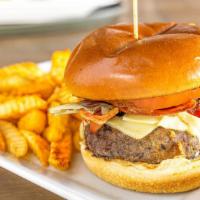 Angus Burger · Angus beef burger topped with American cheese, bacon, lettuce, onion, tomato, mayo and serve...