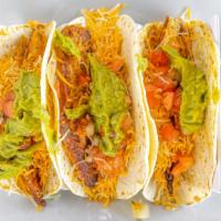 Dockside Tacos · 3 soft flour tortillas filled with guacamole, pico, and your choice of grilled tilapia, gril...