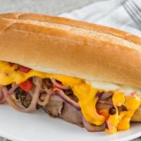 Manhattan Cheesesteak · Steak roll with American cheese, roasted red pepper and grilled onion. 660 Cal.
