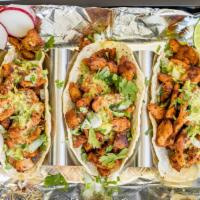 Tacos  Al Pastor (3) · CEBOLLA CILANTRO ,SALSA VERDE Y Pina