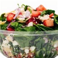 Spinach & Strawberry Salad · Baby Spinach, Strawberries, Red Onions, Almond Slices, Feta Cheese, Balsamic Vinaigrette