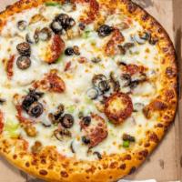 Valley Meal Buster · Pepperoni, sausage, beef, turkey ham, onions, mushrooms, green peppers, black olives, hot pe...