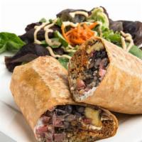 Vegan Burrito · Grilled veggies, sweet plantains, rice, beans, pico de gallo and handmade guacamole.