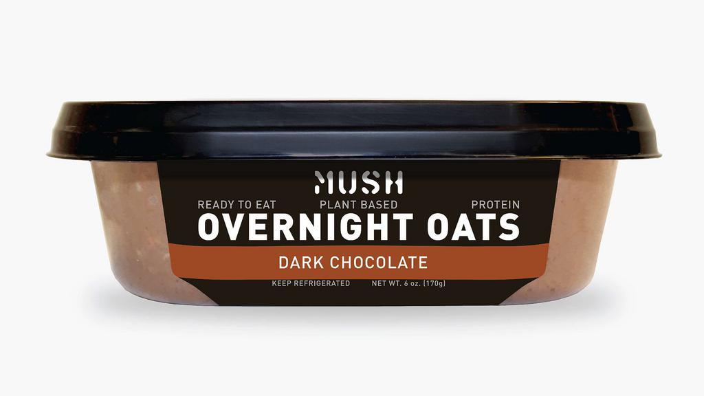 Mush Overnight Oats | Dark Cacao · Ingredients: Oats, almonds, h2o, raw cacao, dates, & sea salt.