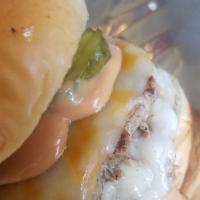 Turkey Smash Burgers · Two perfectly seasoned ground turkey patties with Swiss cheese and Cheddar cheese, pickles a...