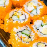 California Roll · Cooked krab, avocado, cucumber with fish egg on top.