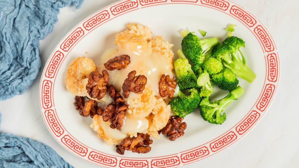 Honey Walnuts Shrimp · A traditional favorite dish, with jumbo shrimp marinated with our special mayonnaise sauce, lightly fried, and topped with glazed honey walnuts.