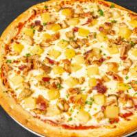 Hawaiian Chicken Pizza · Cheese, ham, chicken, bacon, pineapple, and sprinkling of extra cheese.